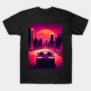 Retro-Futuristic Car Driving Through City Towards Synthwave Sun T-Shirt